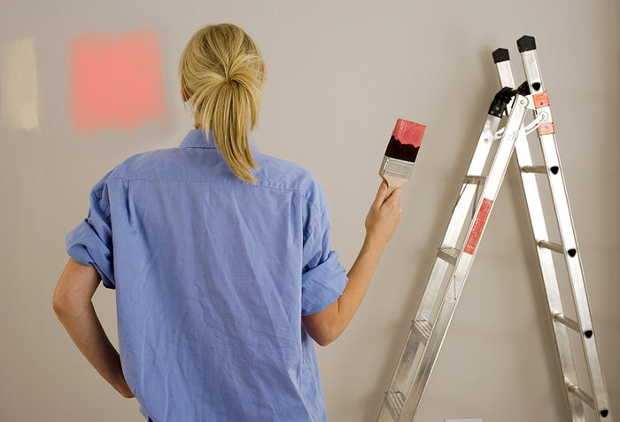Back of a woman wearing a baggy blue shirt, holding a paint brush with pink paint on it, standing beside a ladder and in front of a wall with a patch of white and pink paint.