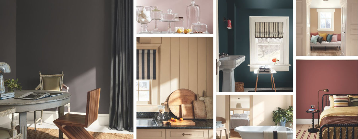 Collage of interior design elements and rooms showcasing colors from the Benjamin Moore 2026 Color Trends Palette.