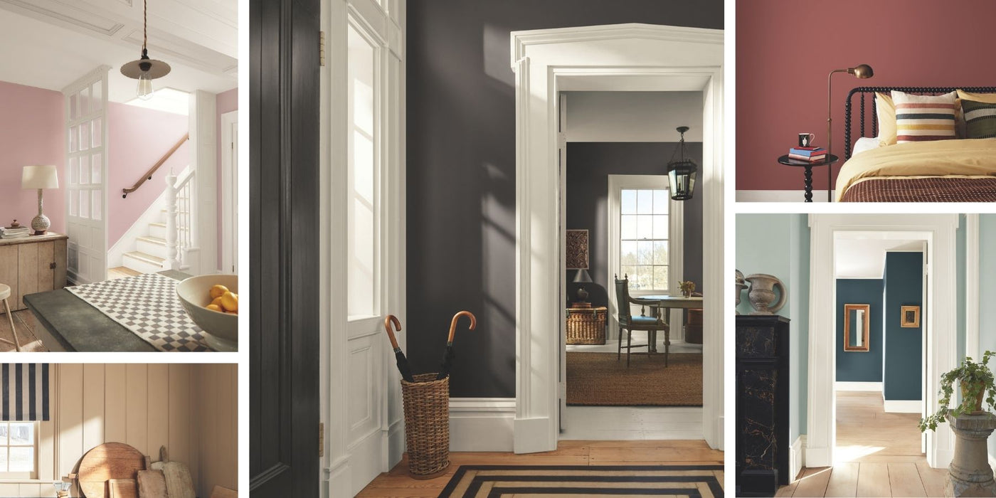 Collage of interior design elements and rooms showcasing colors from the Benjamin Moore 2026 Color Trends Palette.