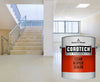 A school floor that has been coated with an epoxy coating, with an overlay image of a gallon of Benjamin Moore's Corotech clear acrylic sealer. 