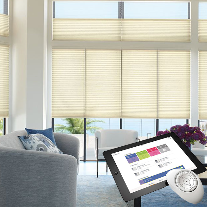 Large windows with Hunter Douglas beige window shades, with an overlay of a tablet showing the PowerView Motorization app.