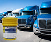 Transports lined up and painted blue and white, with an overlay image of a five gallon pail of Mascoat Insulating Coatings.