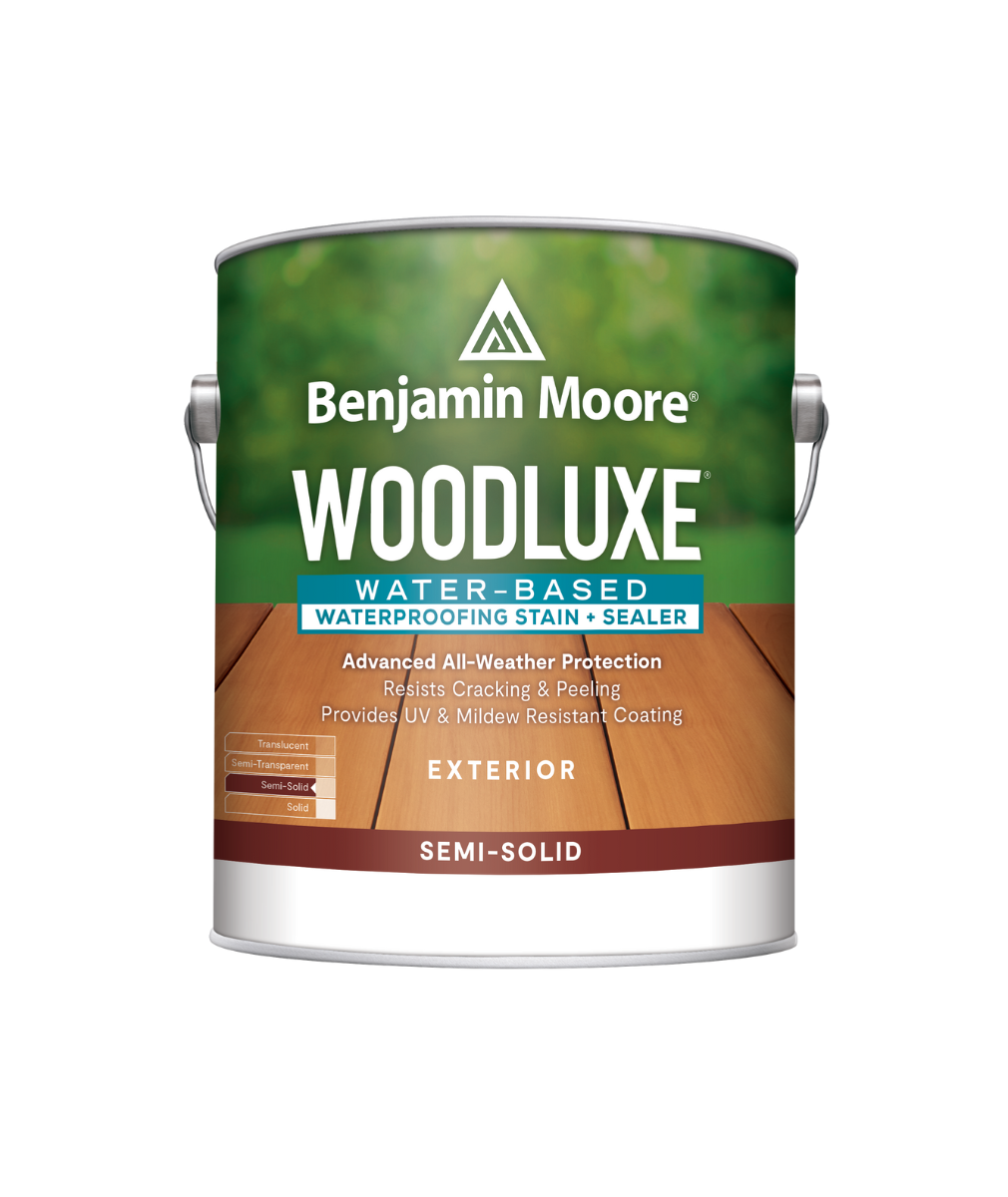 Benjamin Moore Woodluxe® Water-Based Semi-Solid Exterior Stain available at Gleco Paint Stores.
