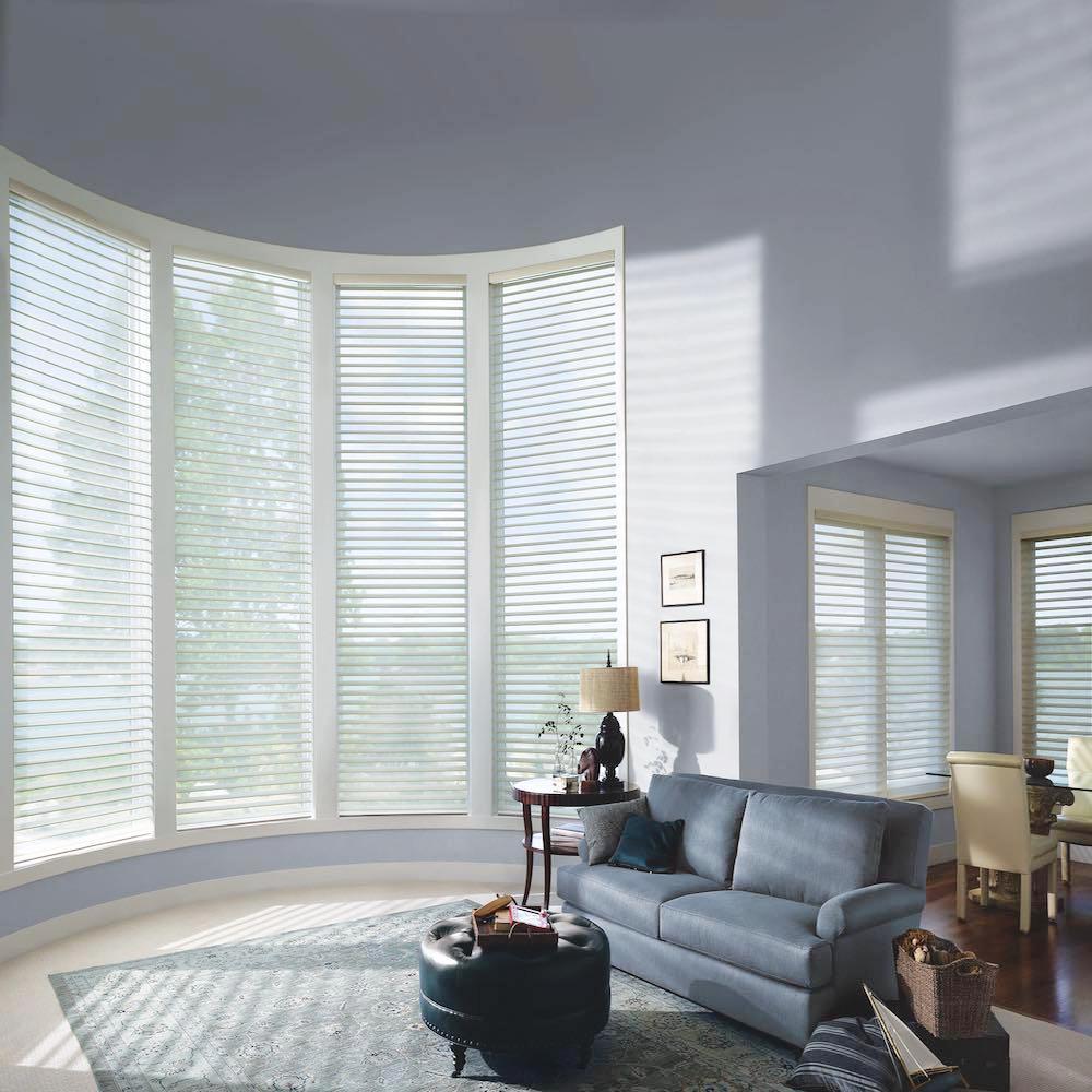Hunter Douglas Window Treatments Silhouette in a living room painted slate